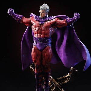 May include: A detailed figurine of a superhero in a dynamic pose, arms outstretched. The figure is clad in a red and purple costume with a flowing purple cape. The character has white hair and a stern expression. The base appears to be a metallic gold color.
