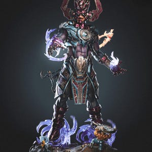 Pode incluir: Uma figura detalhada de Galactus, um personagem de banda desenhada, em pé sobre uma base rochosa. A figura é predominantemente roxa, azul e vermelha, com armadura intrincada e efeitos de energia. A base apresenta figuras menores.