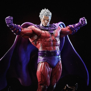 May include: A detailed figurine of Magneto, a Marvel Comics character, in a dynamic pose. The figure is clad in a red and purple costume with a flowing cape. The character has white hair and a stern expression, with arms raised in a powerful stance.