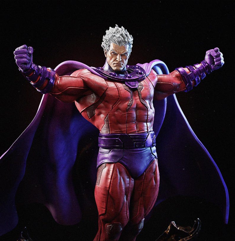 May include: A detailed figurine of Magneto, a Marvel Comics character, in a dynamic pose. The figure is clad in a red and purple costume with a flowing cape. The character has white hair and a stern expression, with arms raised in a powerful stance.