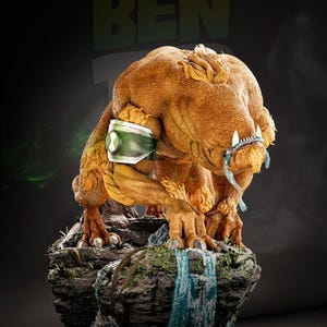 May include: A detailed sculpture of Wildmutt from Ben 10, a fictional character. The figure is brown with a green and white device on its arm. It stands on a rocky base with a waterfall. The name "Wildmutt" and the artist's name are visible.
