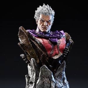 May include: A detailed bust of a stern-faced character with white hair, wearing a purple and red costume. The bust is set against a dark background and is surrounded by a rocky, textured base. The character's expression is intense.