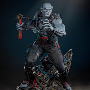 May include: A detailed statue of a muscular, blue-skinned humanoid figure, holding a red weapon with a chain. The figure wears black pants, a red and blue belt, and spiked shoulder pads. The statue is mounted on a rocky base with a futuristic weapon.