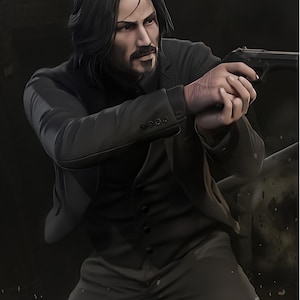 May include: Digital illustration of a man in a black suit, holding a handgun. The man has long, dark hair and a beard. The image is set against a dark background, with a focus on the man's intense expression.