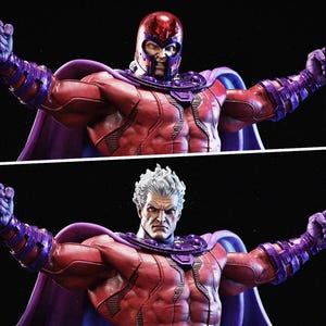 May include: A detailed statue of Magneto, a Marvel Comics character, in two versions. One features a red helmet, the other shows white hair. Both figures are muscular, wearing red and purple armor, and a purple cape, with arms outstretched.