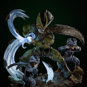 May include: A detailed figurine of a green and tan humanoid character with a menacing expression, holding a glowing blue energy sphere. Two smaller figures and a large wing are also visible. The figures are posed on a rocky base with blue energy effects.