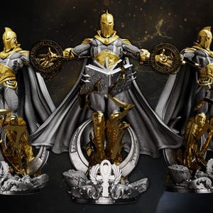 May include: A detailed statue featuring three figures in gold and gray armor, each with a helmet and cape. The central figure holds an open book. The base is silver with gold accents, and the background is dark.