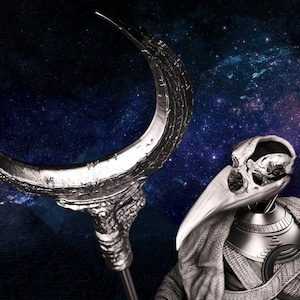 May include: A silver staff with a crescent moon-shaped head and a figure with a bird skull mask. The figure is wearing a metallic chest piece and a draped garment. The background is a starry night sky.