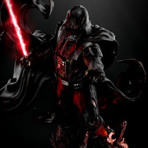 May include: A detailed statue of Darth Vader, a character from Star Wars, in a dynamic pose. The figure is clad in a black suit with a flowing cape, holding a red lightsaber. The statue has a dark, dramatic aesthetic with red accents.