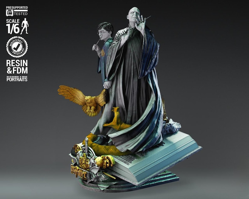 May include: A detailed resin statue featuring characters from the Harry Potter series. The statue depicts Voldemort and Harry Potter, with an owl and a snake. The base is a book with the words "Harry Potter" on it. The statue is 1/6 scale.