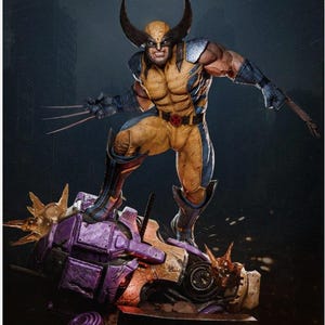 May include: A detailed figurine of Wolverine in a dynamic pose, wearing his classic yellow and blue costume. The figure has claws extended and stands atop a damaged, purple and gold object. The background suggests a cityscape.