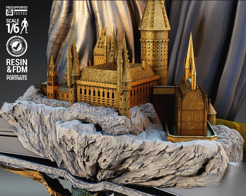 May include: A detailed gold-colored miniature castle model, featuring multiple towers and spires, set on a rocky base. The model is labeled as 1/6 scale and includes the text "RESIN & FDM PORTRAITS".