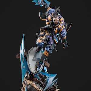 May include: A detailed figurine of a character in a futuristic outfit, mid-air on a circular platform. The figure wears a blue, purple, and gold jacket, goggles, and sneakers. The base features blue lightning-shaped accents and a detailed, textured surface.