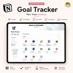 Puede incluir: Una plantilla de Notion para un rastreador de objetivos mostrada en una pantalla de tableta. La interfaz presenta un panel con categorías de objetivos que incluyen salud, carrera, finanzas y áreas personales, junto a botones de acción.