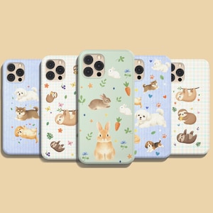 Funda para teléfono con diseño de animales, conejito, cachorro y perezoso estilo kawaii.