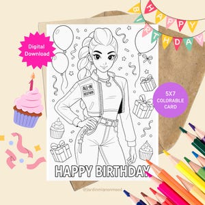 Printable Kids Kpop Demon Hunters Rumi Huntrix Birthday Coloring Card (PDF), Digital Download