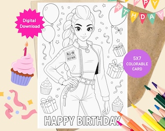 Biglietto di auguri di compleanno da colorare stampabile per bambini Kpop Demon Hunters Rumi Huntrix (PDF), download digitale