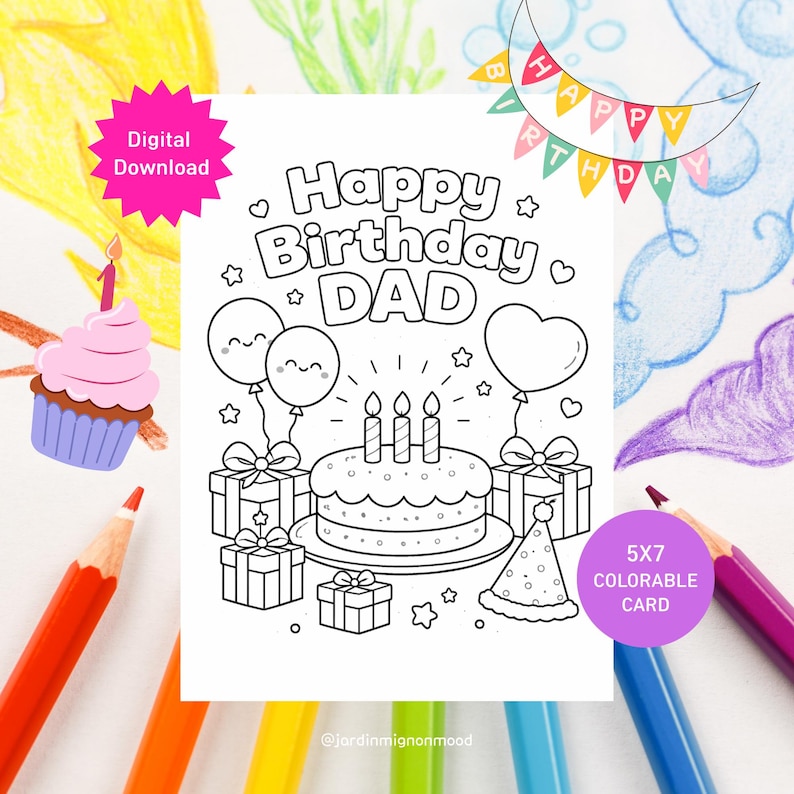 Printable Coloring Birthday Card for Dad | Kids DIY 5x7 Folded Card ...