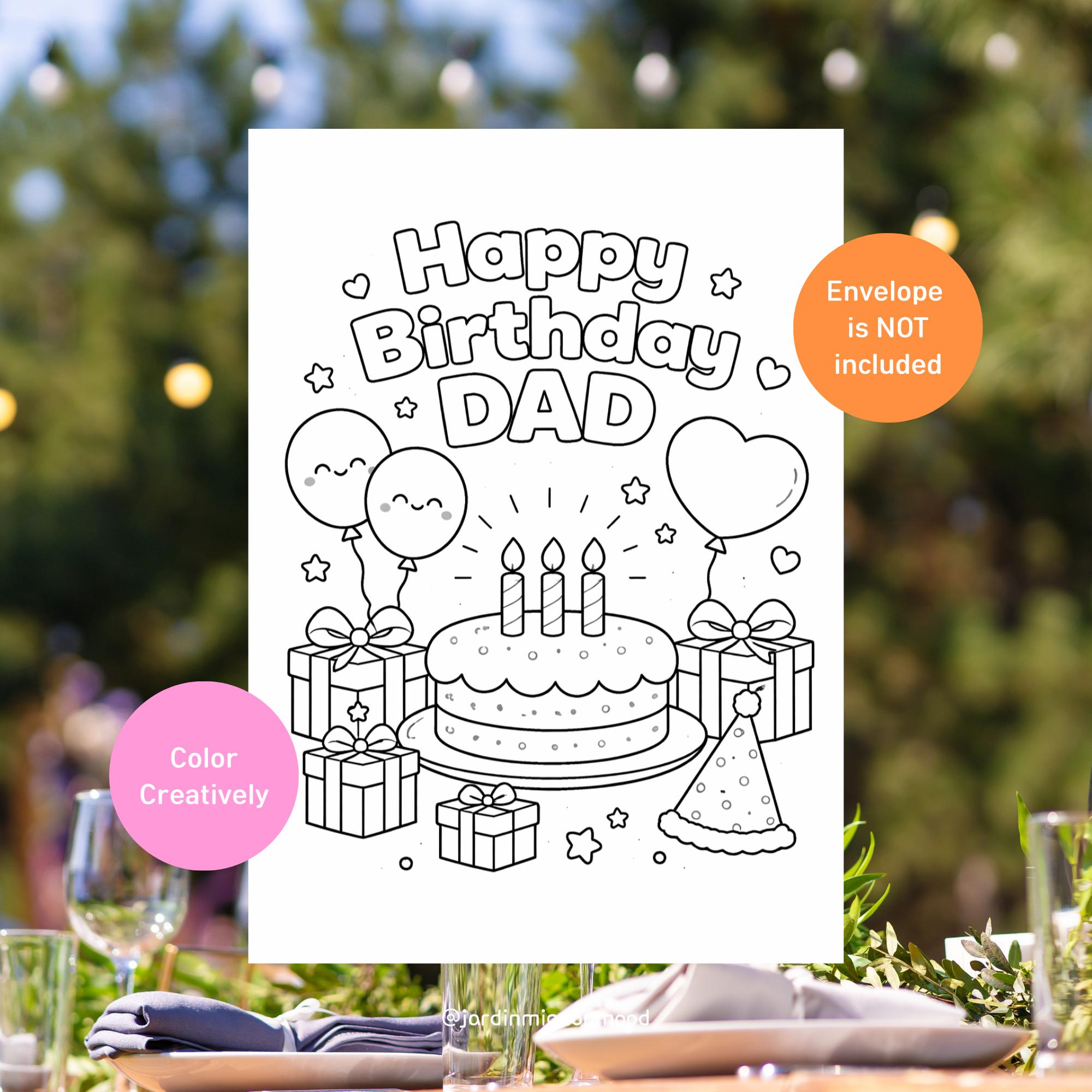 Printable Coloring Birthday Card for Dad | Kids DIY 5x7 Folded Card ...