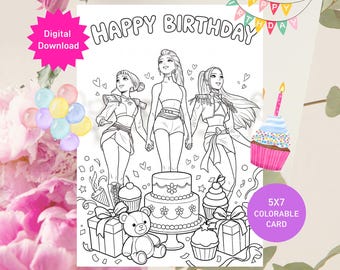 Biglietto di compleanno da colorare a tema Cacciatori di Demoni Kpop, biglietto di auguri stampabile per feste di compleanno per bambini a tema Cacciatrice, download immediato in PDF