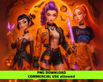 May include: Digital illustration of three women in Halloween costumes against an orange background with bats and a full moon. The women are holding glowing purple objects. The text "PNG DOWNLOAD COMMERCIAL USE allowed" is at the bottom.