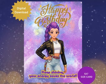 Biglietto d'auguri per bambini Kpop Huntrix, Kpop Demon Hunters RUMI, download digitale 5x7