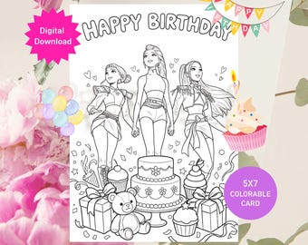 Kpop Demon Hunters Birthday Coloring Card, Printable Kids Huntrix Party Card, Instant Download PDF