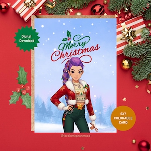 Può includere: Un biglietto di Natale colorabile 5x7 con un'illustrazione a cartoni animati di una persona con i capelli viola che indossa una giacca rossa e pantaloni verdi. La carta ha il testo "Merry Christmas" ed è un download digitale.