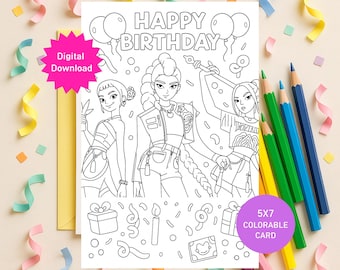 Printable Kpop Demon Hunters, Kpop Huntrix Happy Birthday Coloring Card | Kids’ Birthday Card | Instant Download PDF