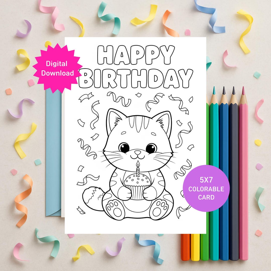 Printable Kitty Cat Birthday Card: DIY Kids’ Coloring Page (instant ...