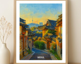 Seoul Hanok Village Print: Korean Architecture, Namsan Tower View (PDF Instant Digital Download)