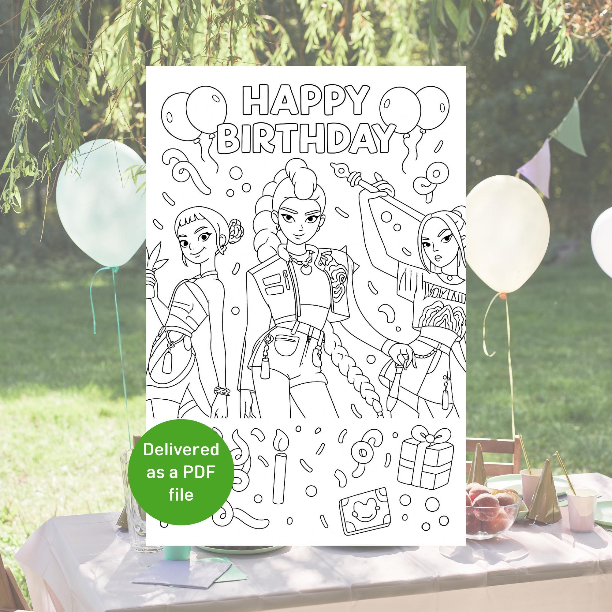 Printable Kpop Demon Hunters, Kpop Huntrix Happy Birthday Coloring Card ...