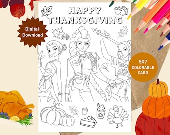 Tarjeta para colorear imprimible de Acción de Gracias, Kpop Demon Hunters, Kpop Huntrix (Descarga digital)