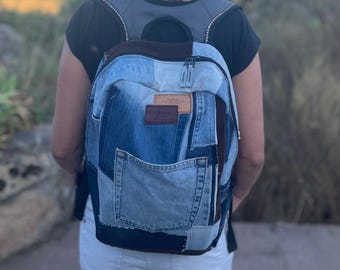 Upcycled Denim Backpack | Patchwork Jean Rucksack with Waterproof Lining | Sustainable One-of-a-Kind Bag