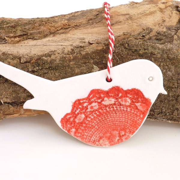 Hanging Robin ~ porcelain bird, Christmas decoration, ceramic clay bird, Red white robins, lacey birds, handmade tree decorations, ornament