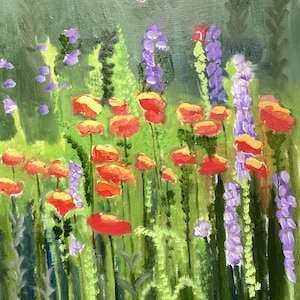 May include: An oil painting of a vibrant flower field. The artwork features red poppies and purple lupines against a backdrop of green foliage. The artist's signature is visible in the lower right corner. The painting evokes a sense of nature and tranquility.