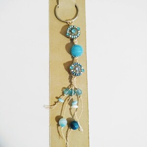 Unique Keychain, Hand-Braided, Blue-Beaded Hemp Macramé Key Chain with Silver-Tone Keyring