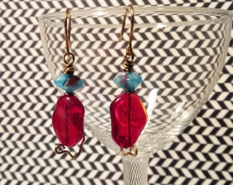 Red & Blue Dangle Earrings with Heart-Shaped Accents: Unique Women's Fashion Jewelry Accessories in Gold Tone