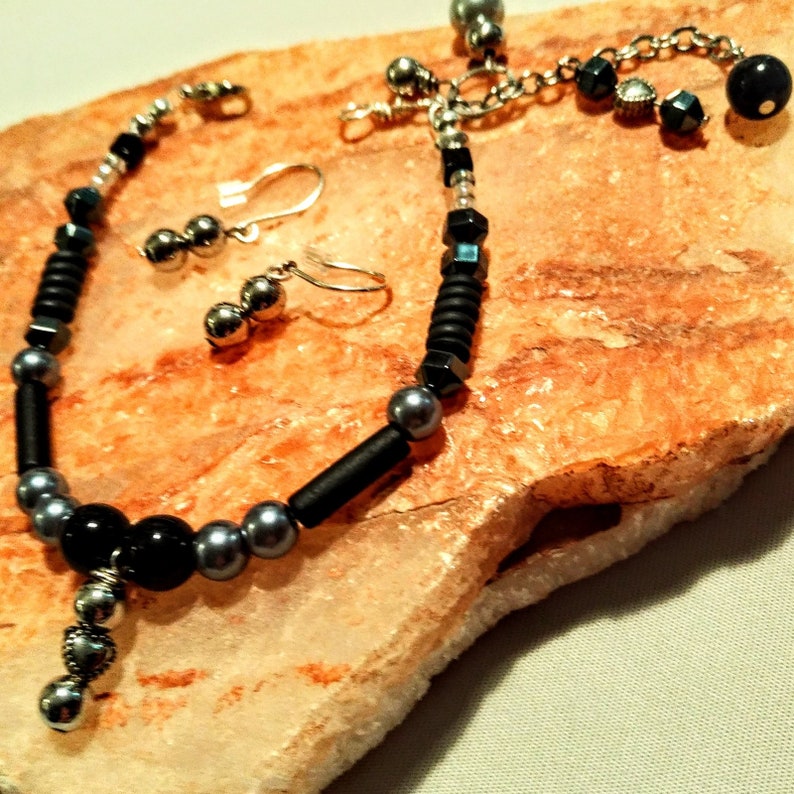 Women's Bracelet Earrings Black and Silver Beaded Etsy
