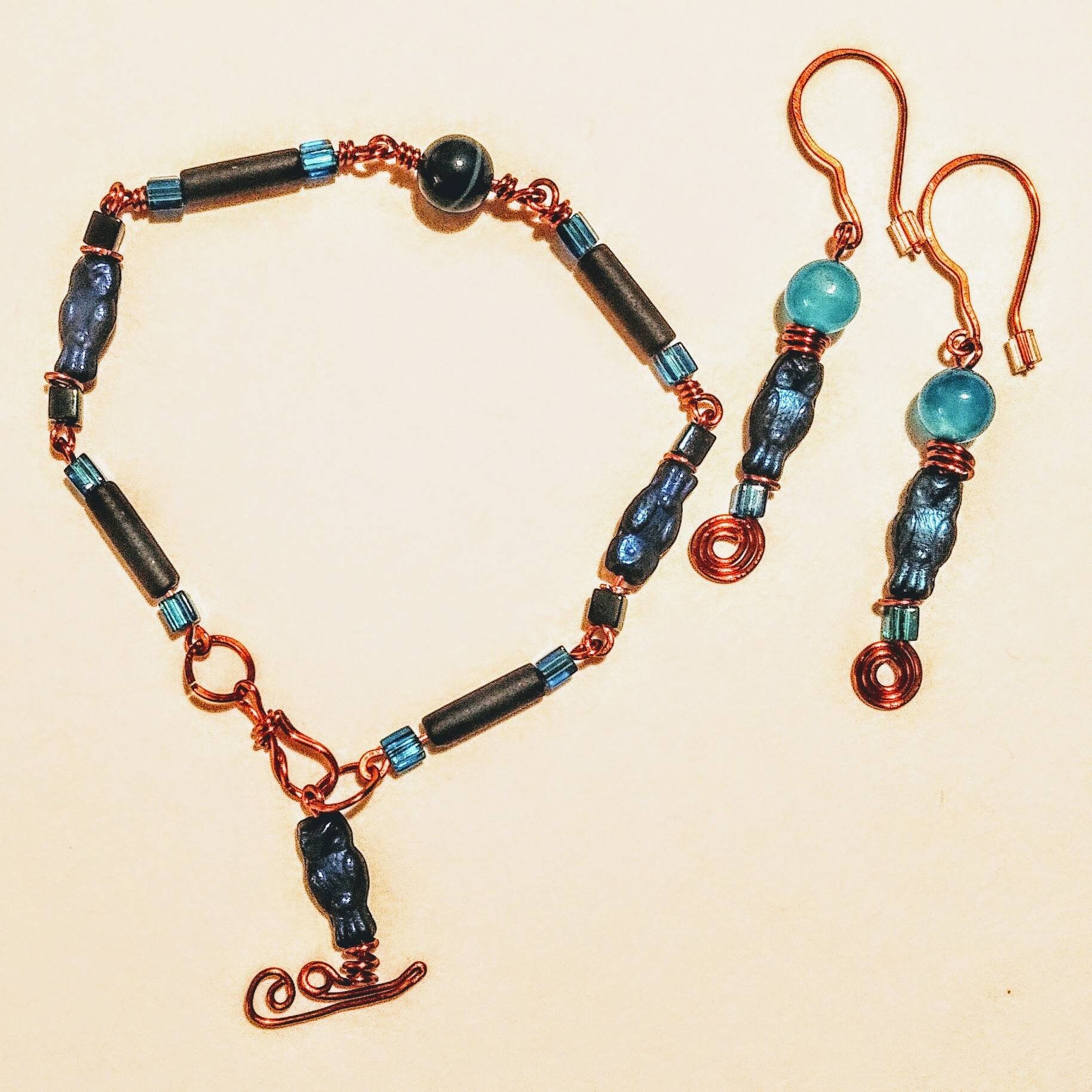 Beaded Bracelet, Owl Theme in Black & Blue on Copper - Unique Beaded Jewelry, Handmade
