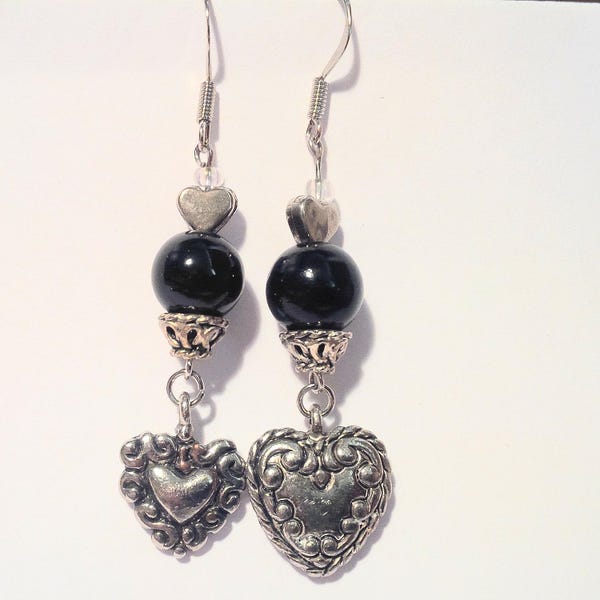 Hearts Dangle Earrings: Cool Silver Jewelry with dark-blue capped spheres, purple accent and counterposed filigree hearts | Contemporary