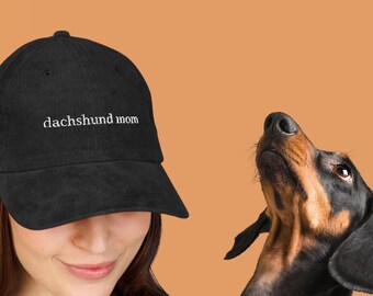 Dachshund Pet Mom Hat, Embroidered Vintage Corduroy Cap: Adjustable Fit