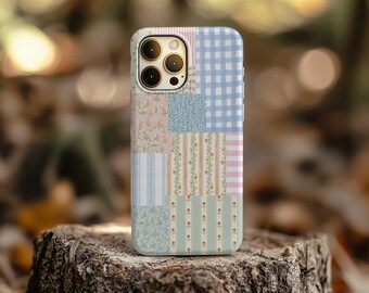 Floral Patchwork Collage Phone Case: Pastel Pink & Blue Plaid
