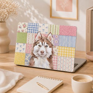 Custom Pet Portrait MacBook Case | Personalized Dog Laptop Cover | Floral Patchwork MacBook Case