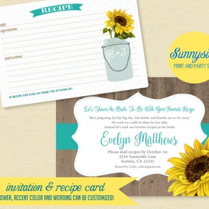 Invitación y tarjeta con receta para despedida de soltera a larga distancia, imprimible, impresa, peonía de girasol, flor a elegir, despedida de soltera por correo, rústica