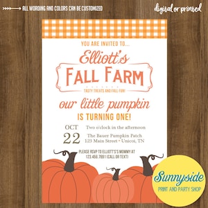 PRINTABLE Fall Farm pumpkin patch birthday invitation, boy or girls birthday party invite, little pumpkin&#39;s birthday