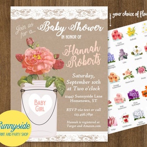 Burlap & Lace Baby Shower Uitnodiging met roze roos in metselaarpot, Floral rustieke printbare digitale land uit te nodigen voor baby meisje
