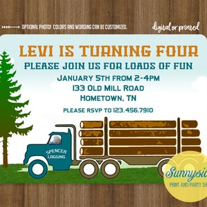 Log Truck Birthday Photo Invitation, Boys Printable Invite - Lumberjack Logger Logging Birthday Party, digital printable invitation