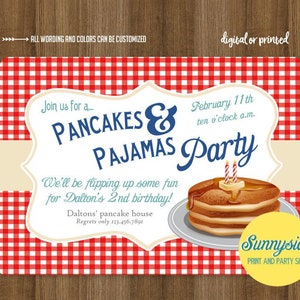 Boys Pancakes and Pajamas birthday party invitation, breakfast invite, blue and red pancake theme, boys birthday printable invitation