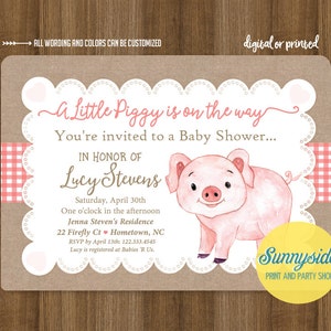 Piggy Baby Shower Invitation, printable baby girl shower invite with burlap and pink gingham, farm baby shower, pig theme, it's a girl image 1